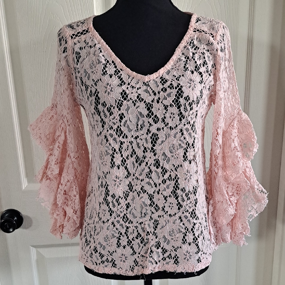 Fever Soft Pink Lace Sheer Statement Sleeves Delicate Romantic Feminine Blouse